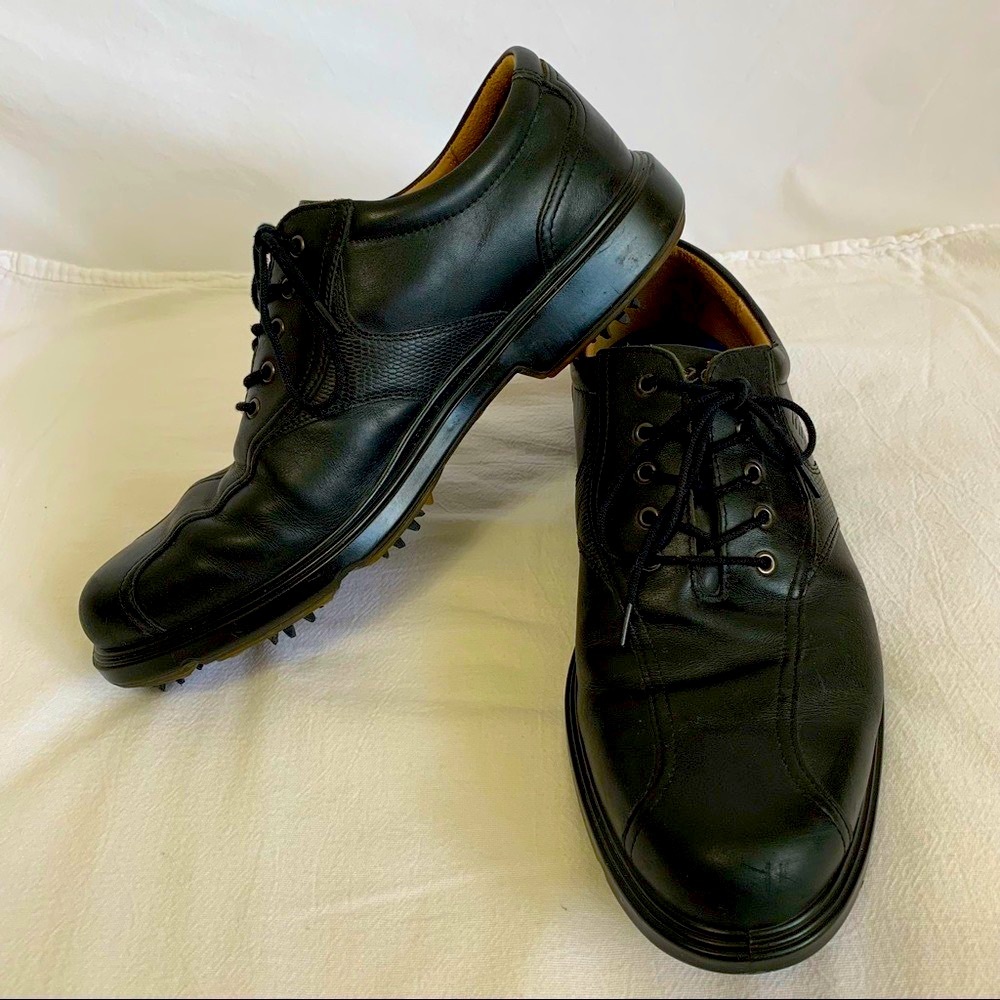 ECCO black leather hydro max Golf loafers shoes spikes cleats, US men’s 9 - 9.5